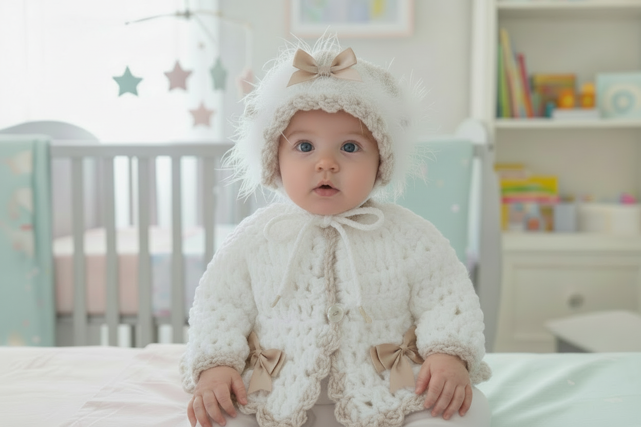 Baby Girls White And Beige Crochet Cardigan And Bonnet