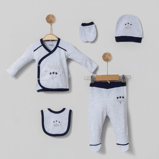 Baby Boys Grey 5 Piece Embroidered Crown Set with Mittens, Hat And Bib