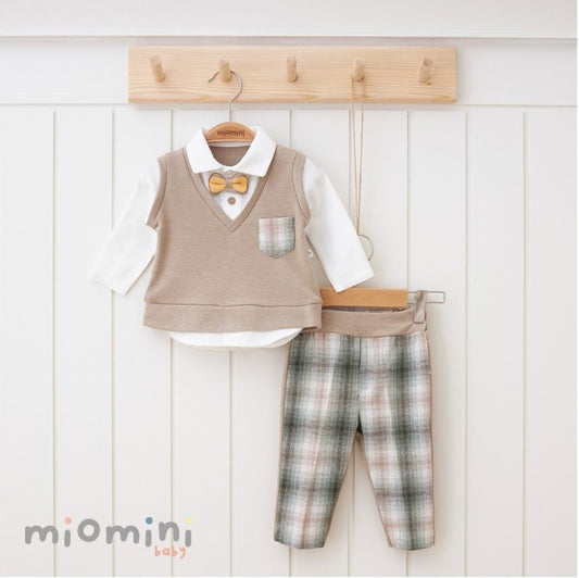Baby Boys Beige Checked Trouser And Jumper Set With Dickie Bow