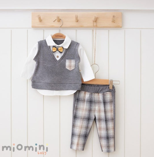 Baby Boys Grey Checked Trouser And Jumper Set With  Dickie  Bow