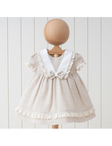 Baby Girls Beige And White Linen Bow Dress
