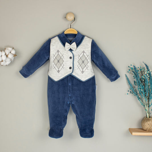 Baby Boys Velour Blue Babygro With Faux Waistcoat And Dickie Bow