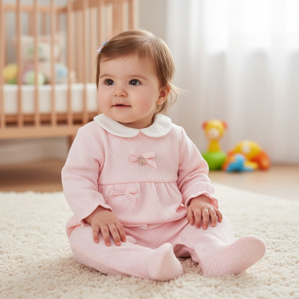 Baby Girls Pink Bow All In One With White Collar