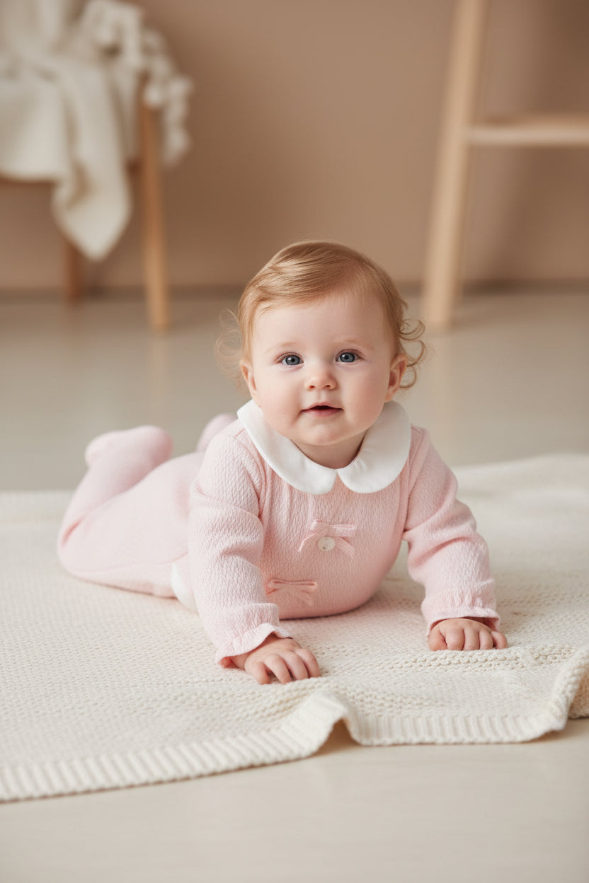 Baby Girls Pink Bow All In One With White Collar
