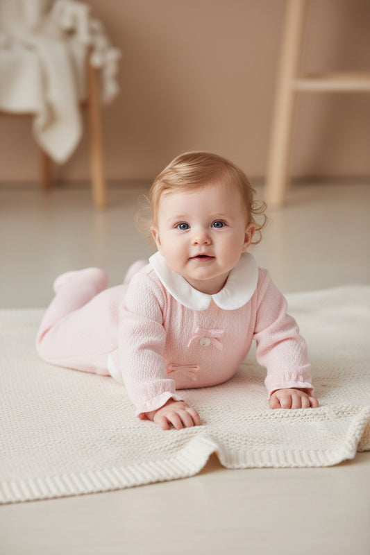 Baby Girls Pink Bow All In One With White Collar