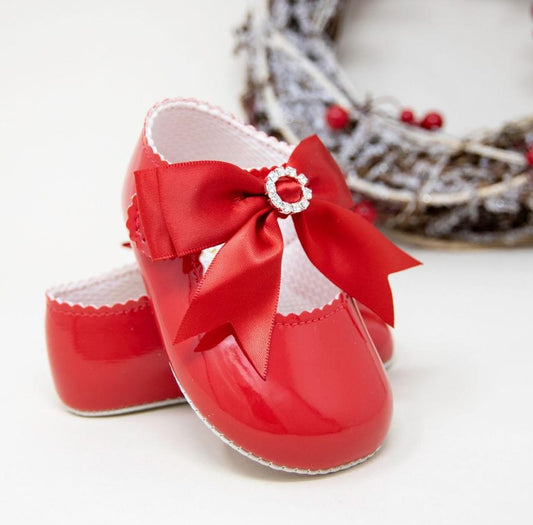 Baby Girls Red Patent Soft Bottom Diamante Pram Shoe