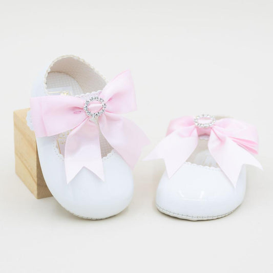 White Patent Soft Bottom Diamante Pram Shoe With Pink Ribbon Bow
