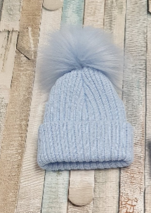 Baby Boys Knitted Single Blue Faux Fur Fluffy Pom Pom Hat