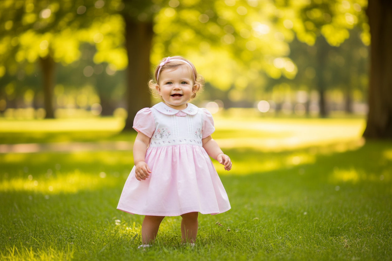 Baby Girls Pink Lined Linen Dress With Embroidered Flowers