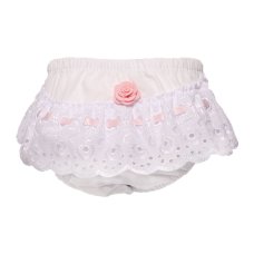 Baby Girls White Broderie Angalise Frilly Pants With Pink Rose Bud