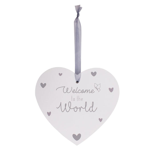 Personalised White And Grey Heart Shaped Welcome To The World Hanging Disc