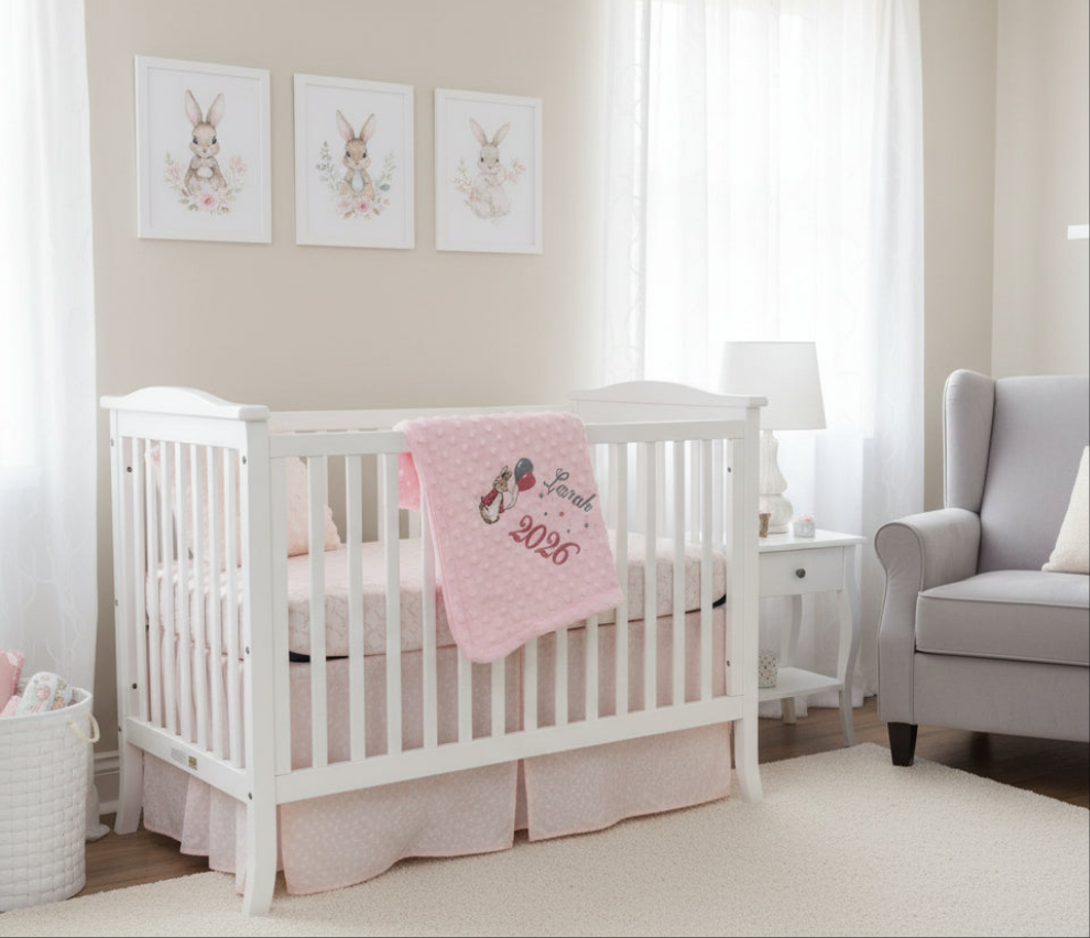 Personalised Baby Girls Pink Dimple Wrap With Pink Rabbit And Balloons And Year Of Birth