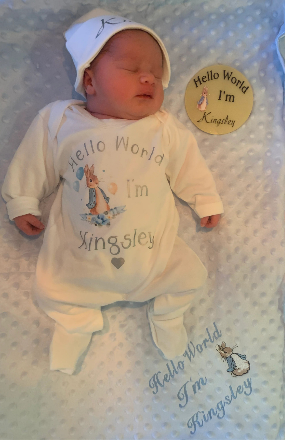 Baby Boys Newborn White Personalised Babygro With Printed Hello World Blue Rabbit
