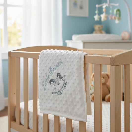 Personalised White Soft Dimple Wrap/Blanket With Blue Rocking Horse Design