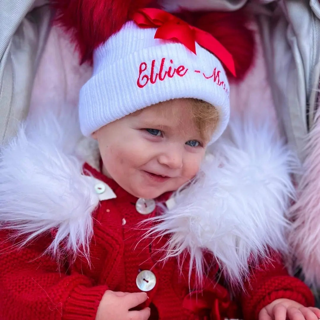 Baby Girls White And Red Bow And Fluffy Double Pom Hat