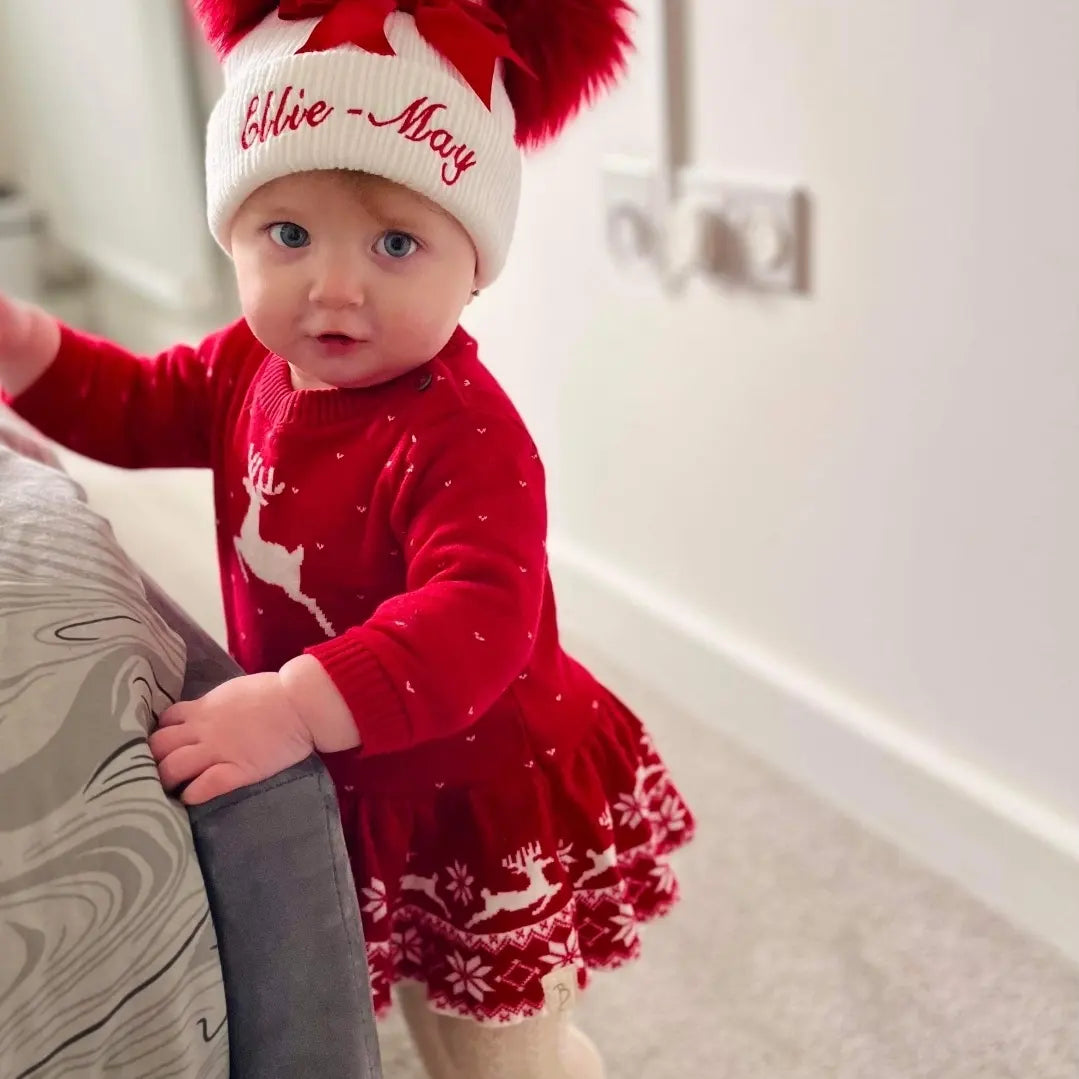 Baby Girls White And Red Bow And Fluffy Double Pom Hat