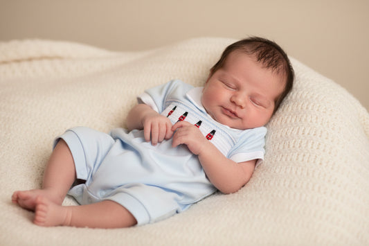 Baby Boys Blue And White Little Soldier Smocked Romper