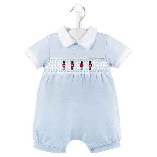 Baby Boys Blue And White Little Soldier Smocked Romper