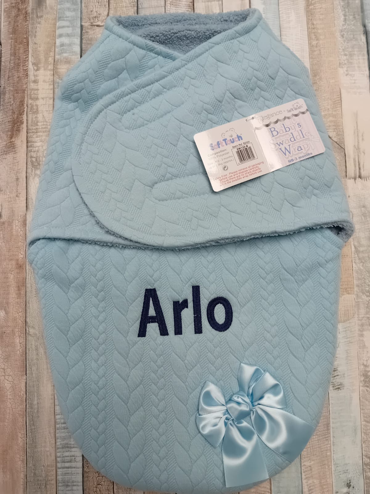 Personalised Baby Blue Knitted Cable Design Swaddle Wrap