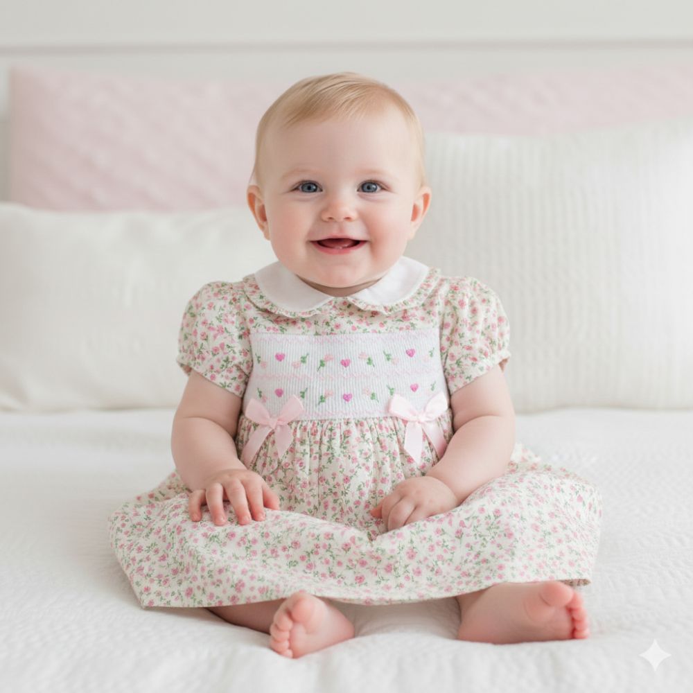 Baby Girls Cream Floral Smocked Dress with White Collar