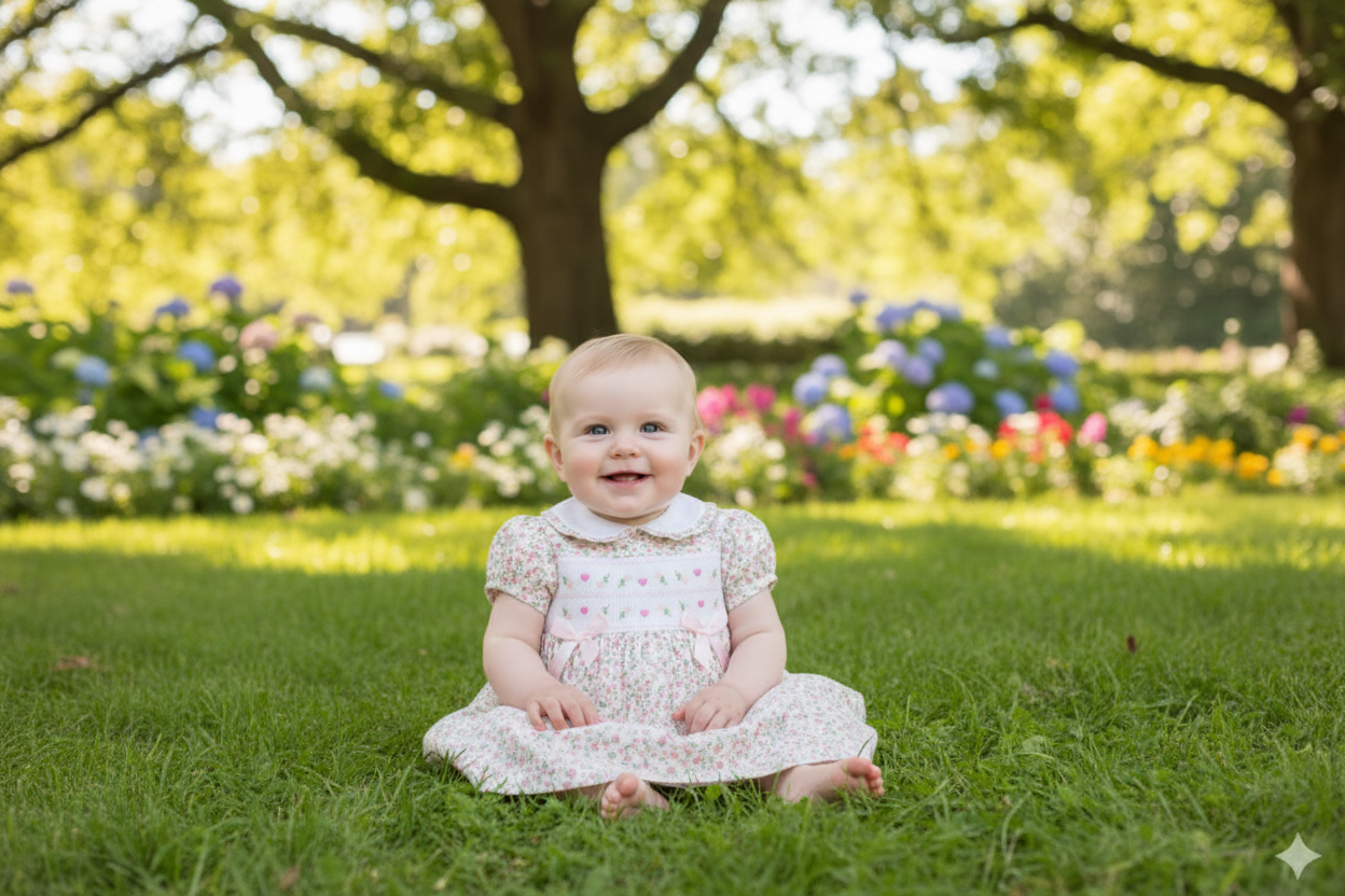 Baby Girls Cream Floral Smocked Dress with White Collar