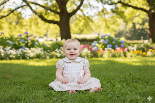 Baby Girls Cream Floral Smocked Dress with White Collar