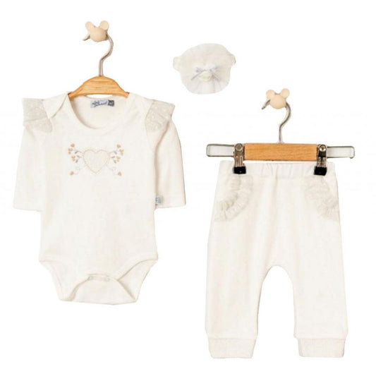 Baby Girls Cream Hearts And Frills 3 Piece Set