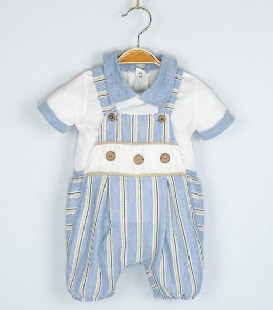 Baby Boys Blue And White Stripe Linen Look Dungaree Set