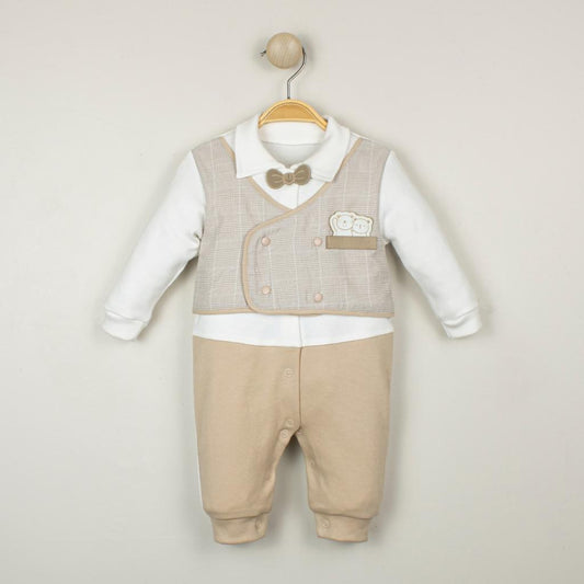 Baby Boys White & Beige Faux Waistcoat And Dickie Bow Romper