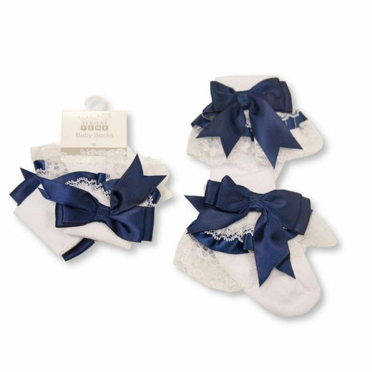 Baby Girls White Socks with Navy Ribbon & White Lace