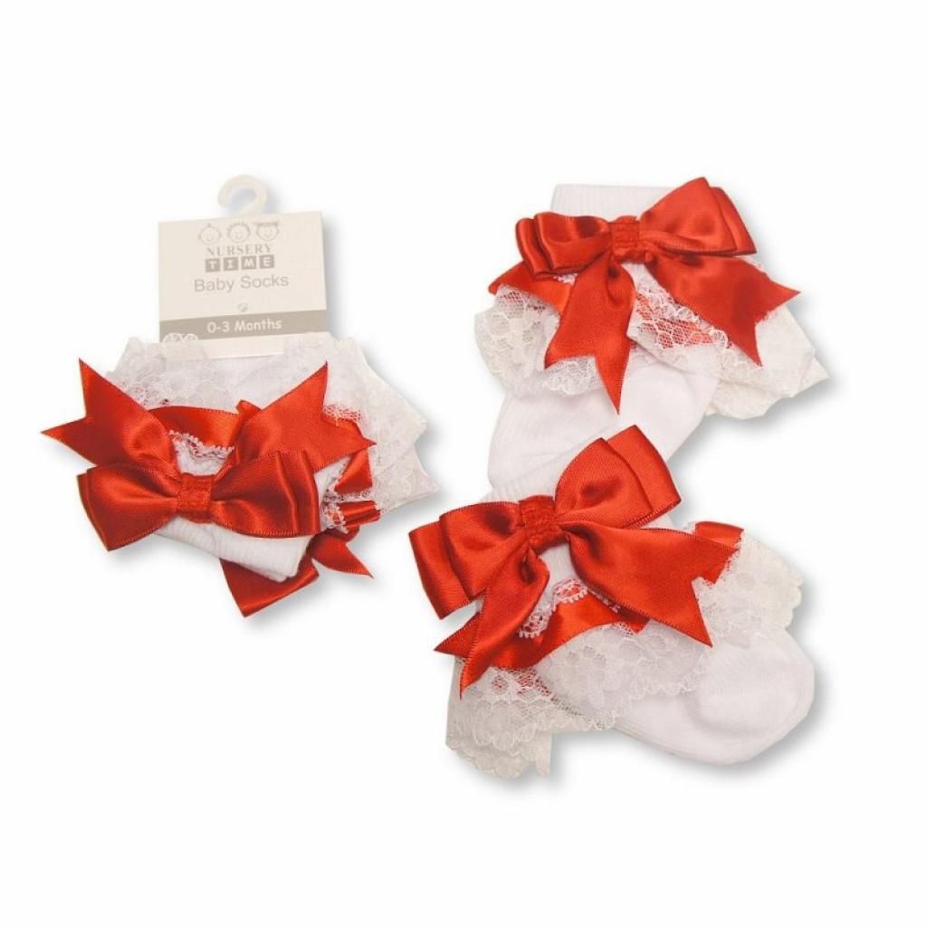 Baby Girls White Socks with Red Ribbon & White Lace