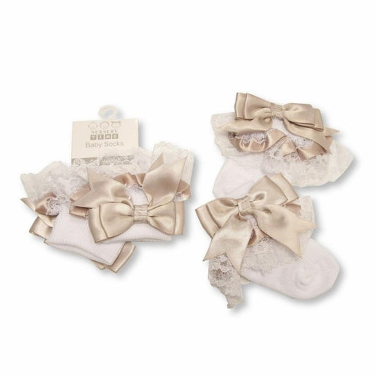 Baby Girls White Socks with Beige Ribbon & White Lace.