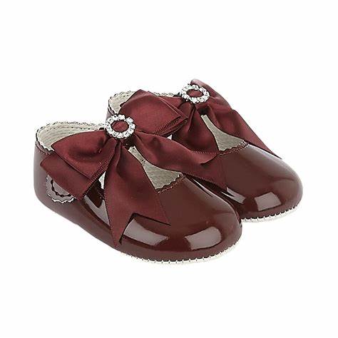 Baby Girls Burgundy Patent Soft Bottom Diamante Pram Shoe