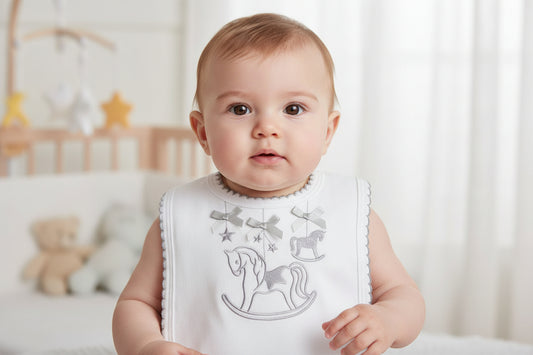 Unisex Baby White And Grey  Rocking Horse Bib