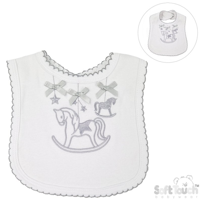 Unisex Baby White And Grey  Rocking Horse Bib