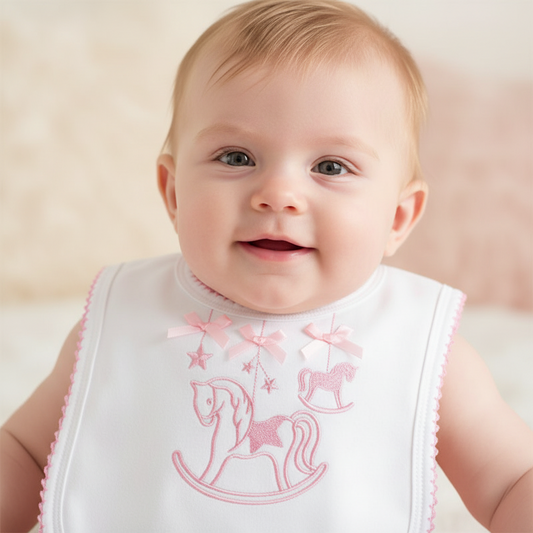 Baby Girls White And Pink Rocking Horse Bib