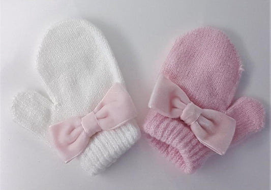 Baby Girls Knitted Mittens With Velvet Bow