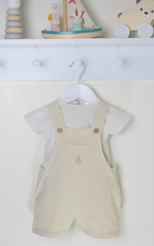 Baby Boys Beige And White Stripe T Shirt And Dungaree Set