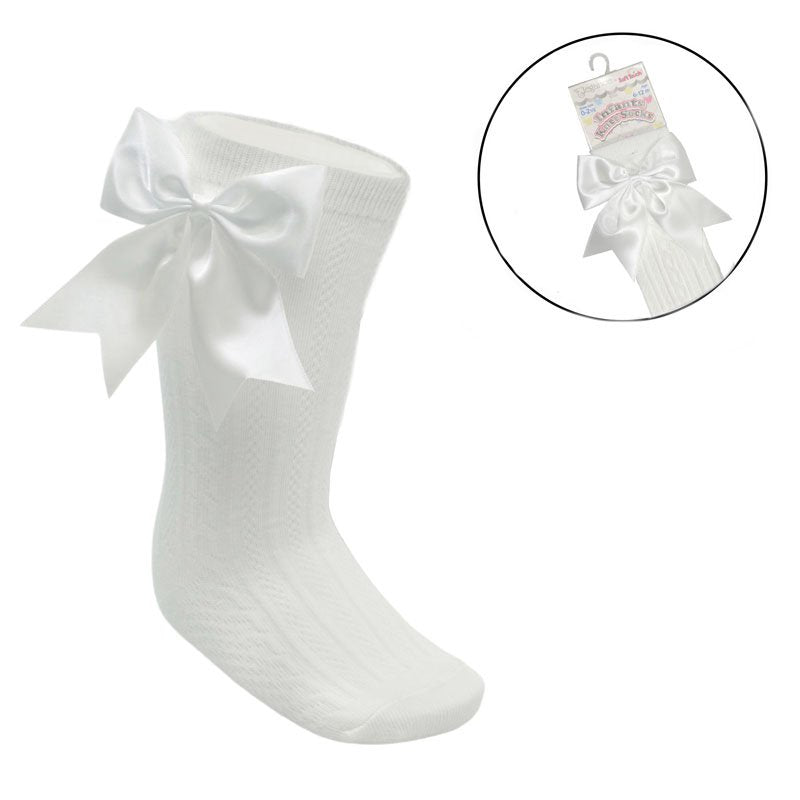 Baby Girls Cream Knee Length Socks With Ribbon Bow