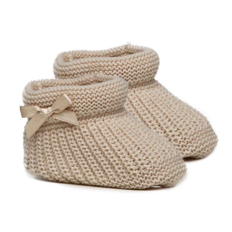 Baby Beige Newborn Knitted Booties With Satin Bow