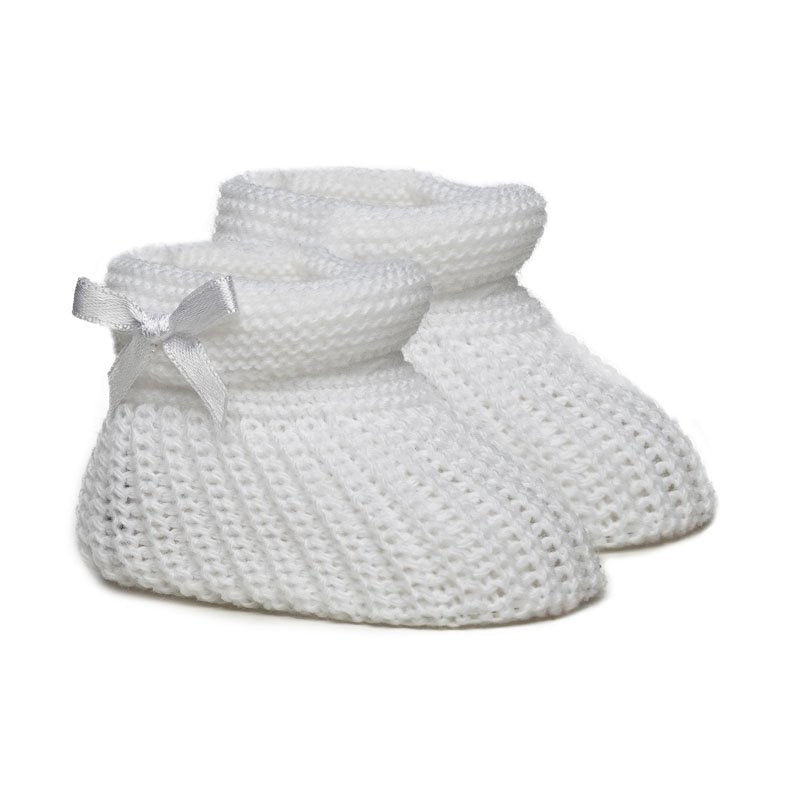 Baby Knitted White Booties With Satin Bow