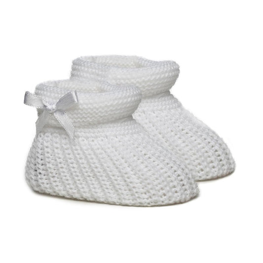 Baby Knitted White Newborn Booties With Satin Bow