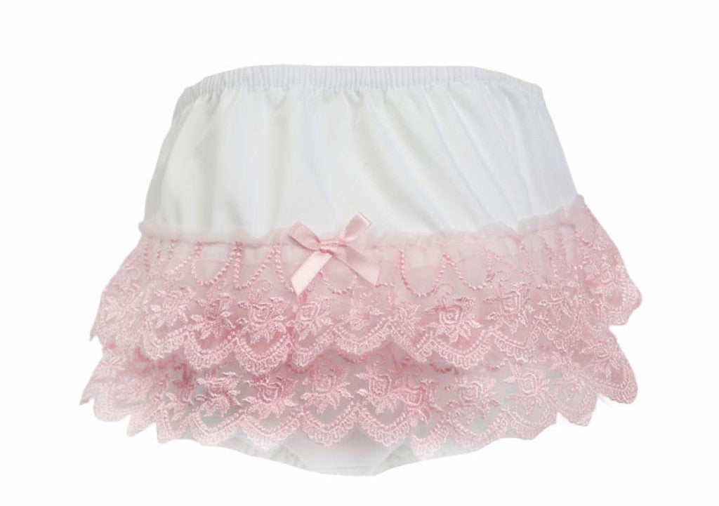 Baby Girls White And Pink Floral Frilly Lace Pants