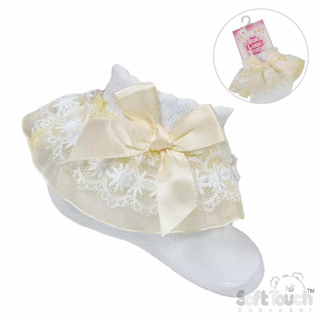 Baby Girls Soft Touch White And Lemon Lace Ankle Socks