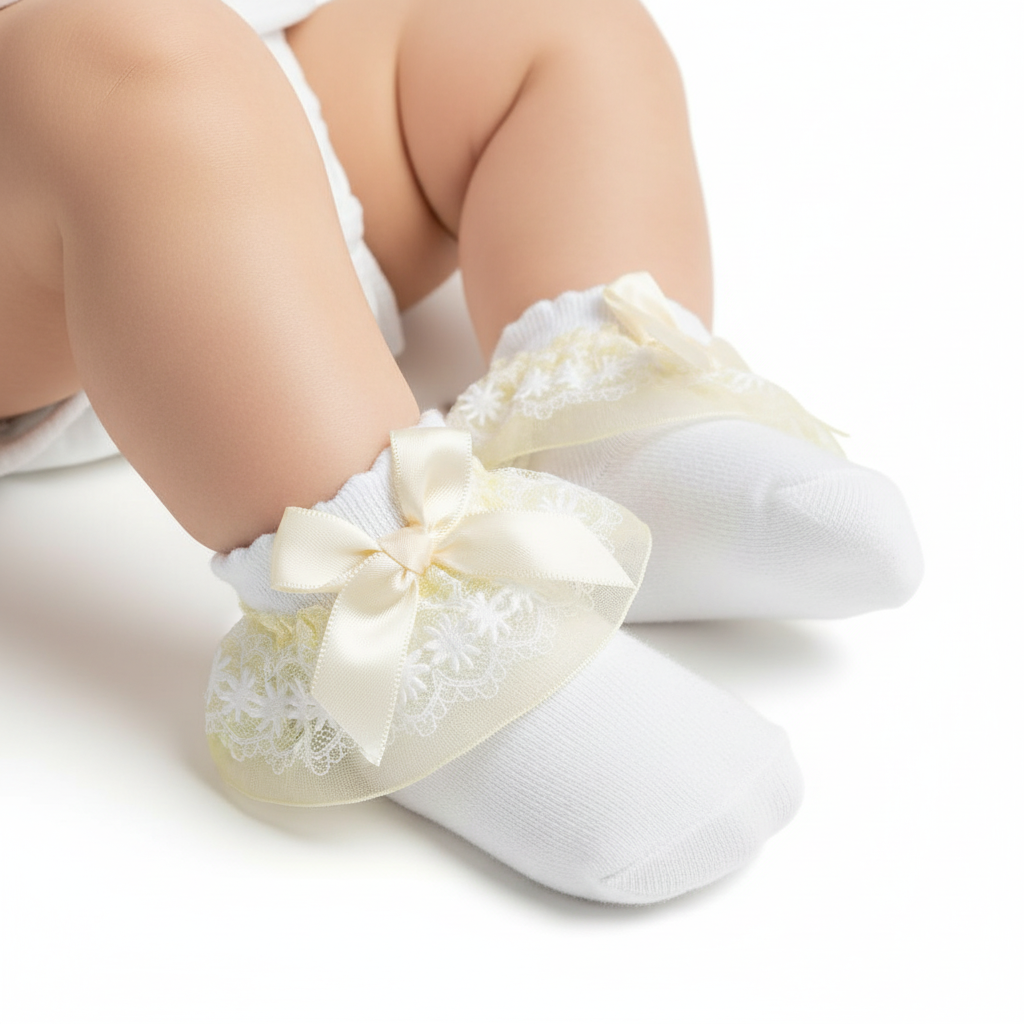 Baby Girls Soft Touch White And Lemon Lace Ankle Socks
