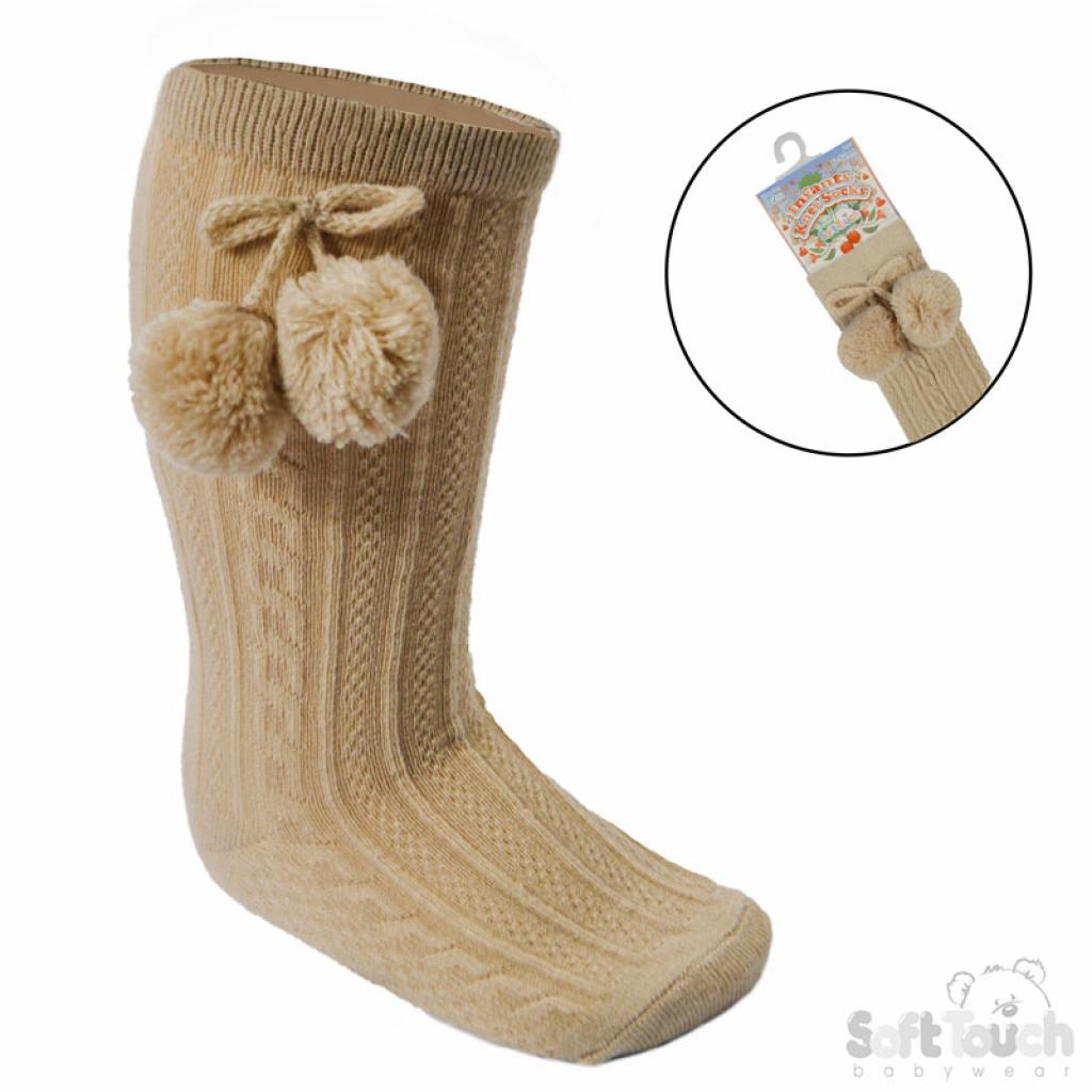 Unisex Baby Beige Ribbed Knee Length Pom Pom Socks