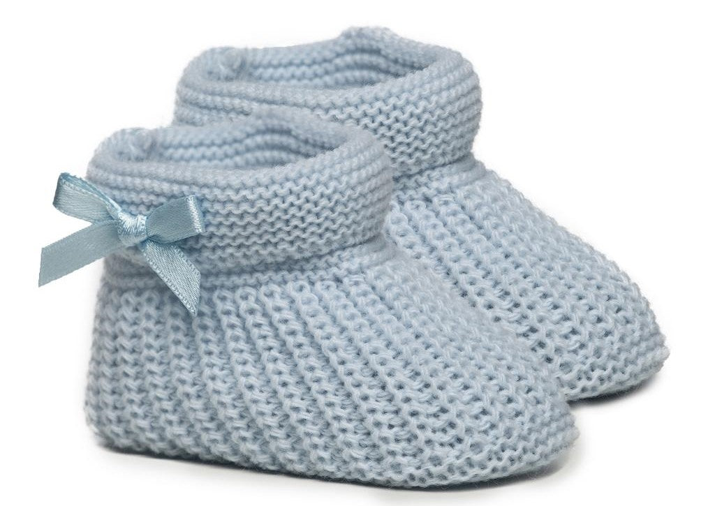 Baby Boys Blue Newborn Knitted Booties With Satin Bow