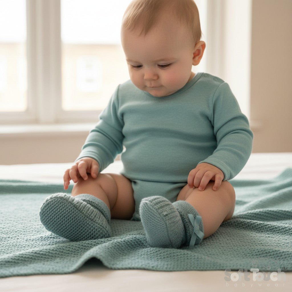 Baby Sage Green Newborn Knitted Booties With Satin Bow