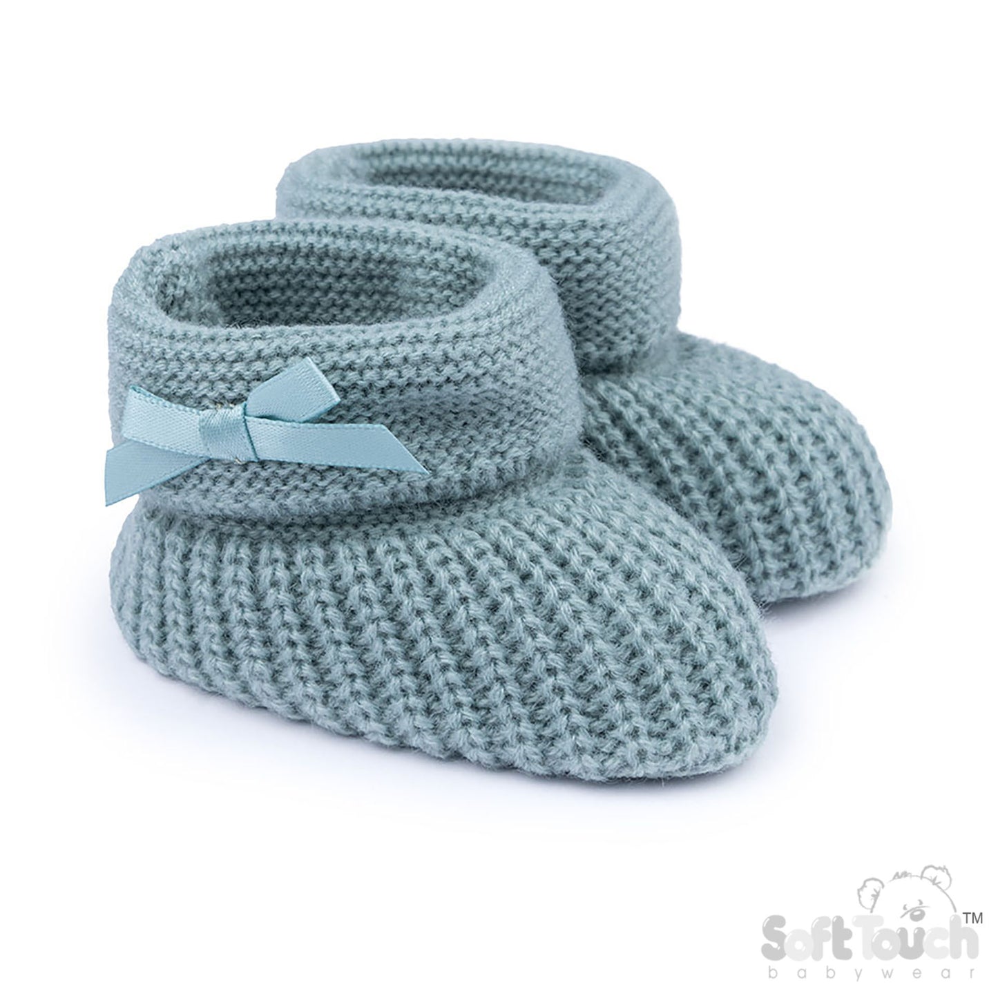 Baby Sage Green Newborn Knitted Booties With Satin Bow