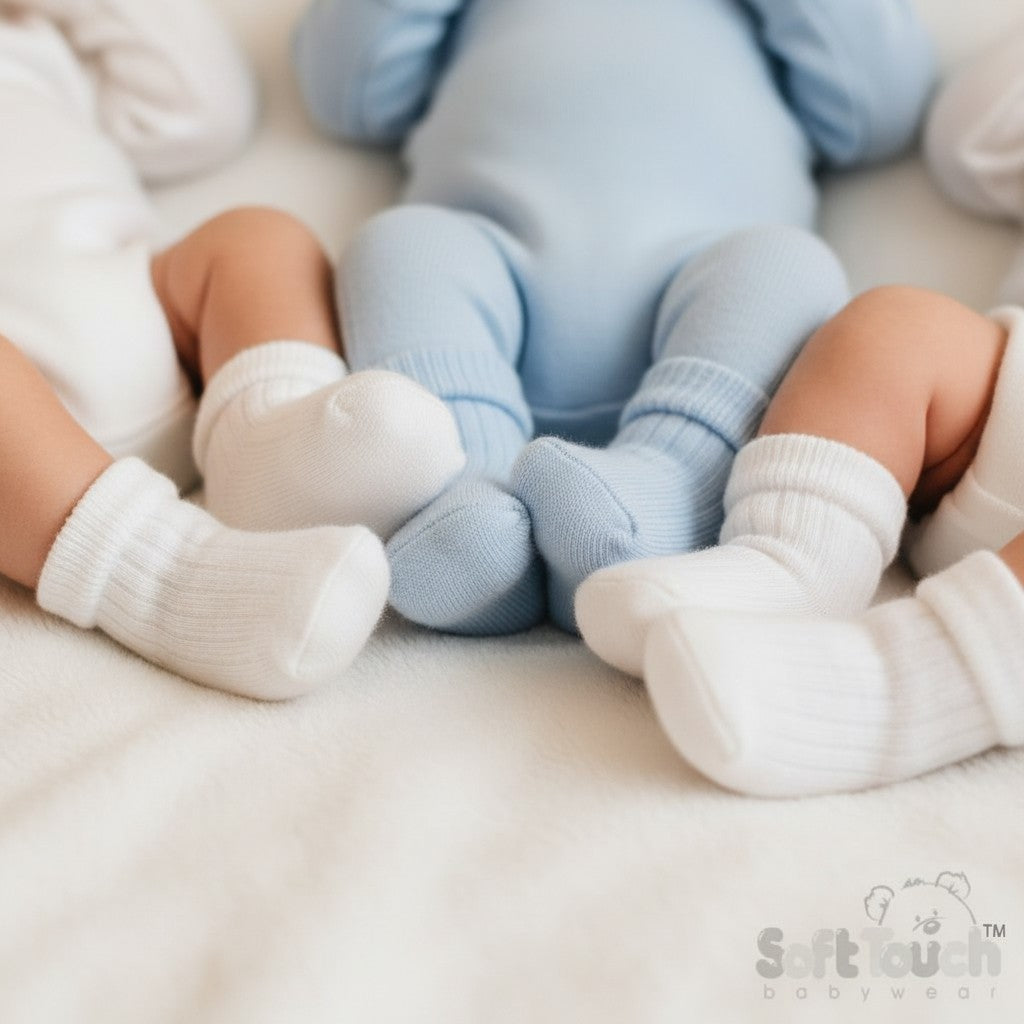 Baby Boys Blue & White Pack Of 3 Ribbed Ankle Socks